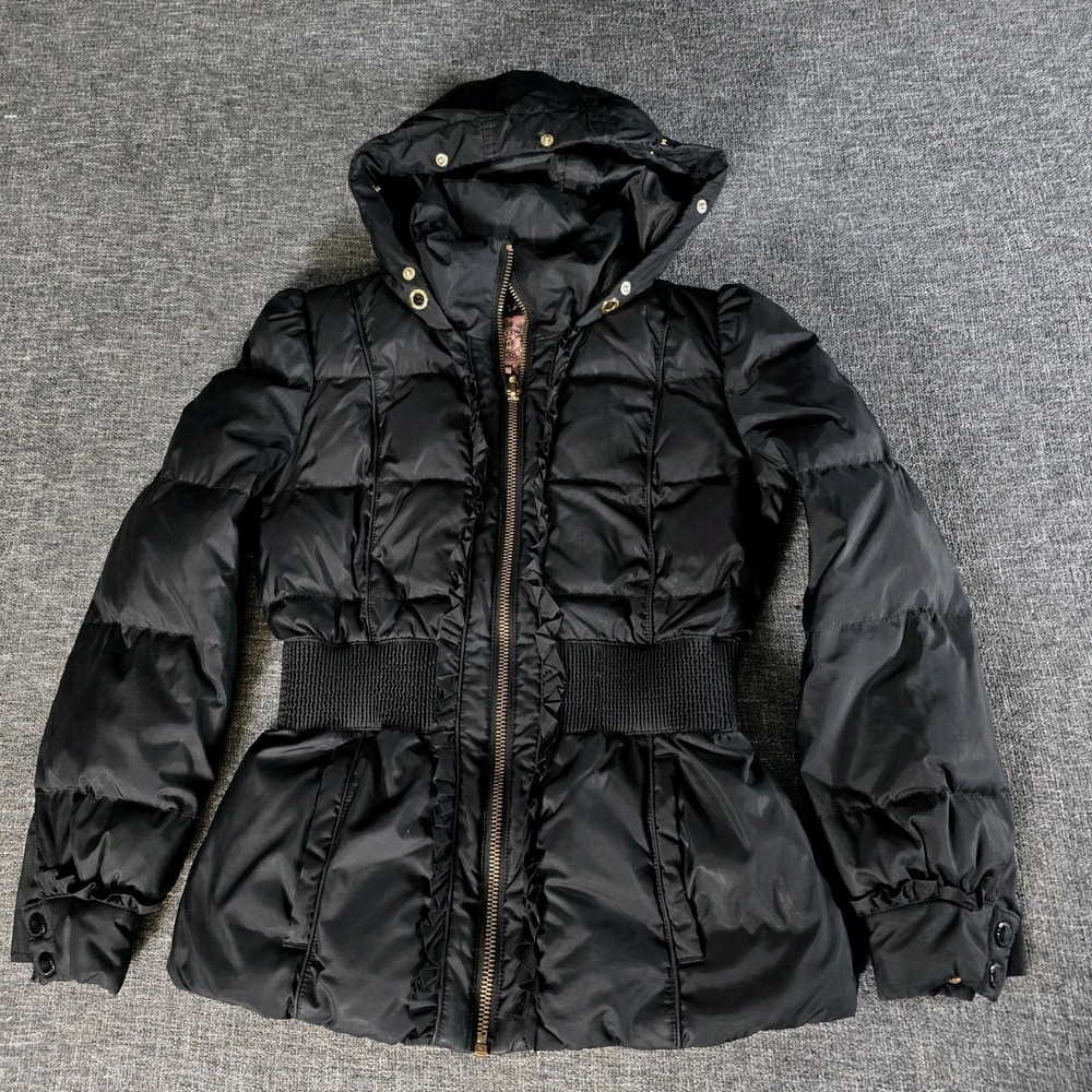 Juicy Couture Womens Small Black Hooded Puffer Jacket Down Zip Ruffle Trim Small